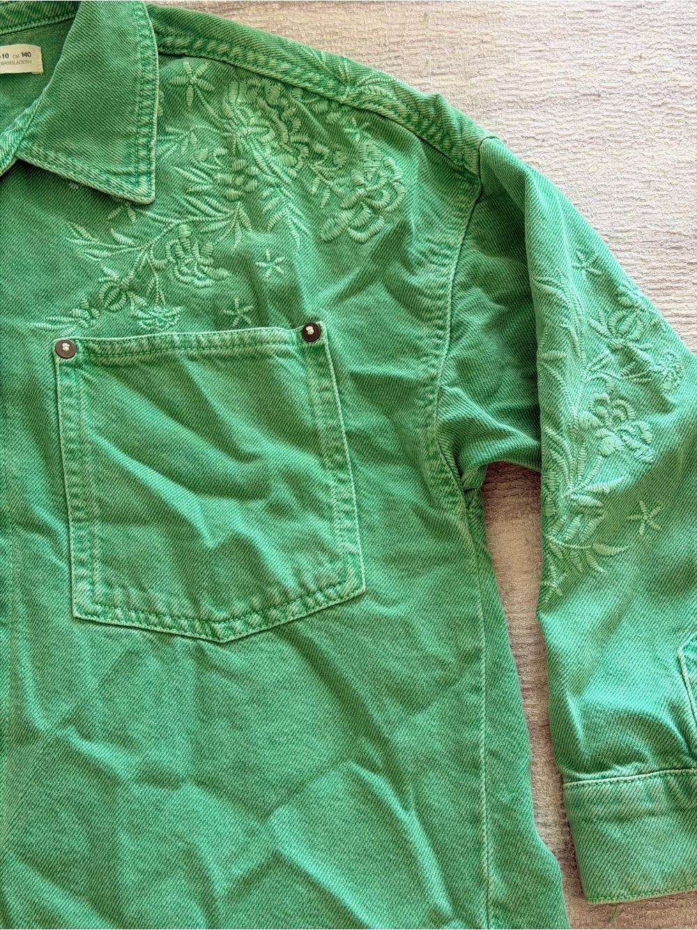 Zara Green Embroidered Snap-Front Denim Shirt Jacket Size 9-10 - Picture 5 of 12